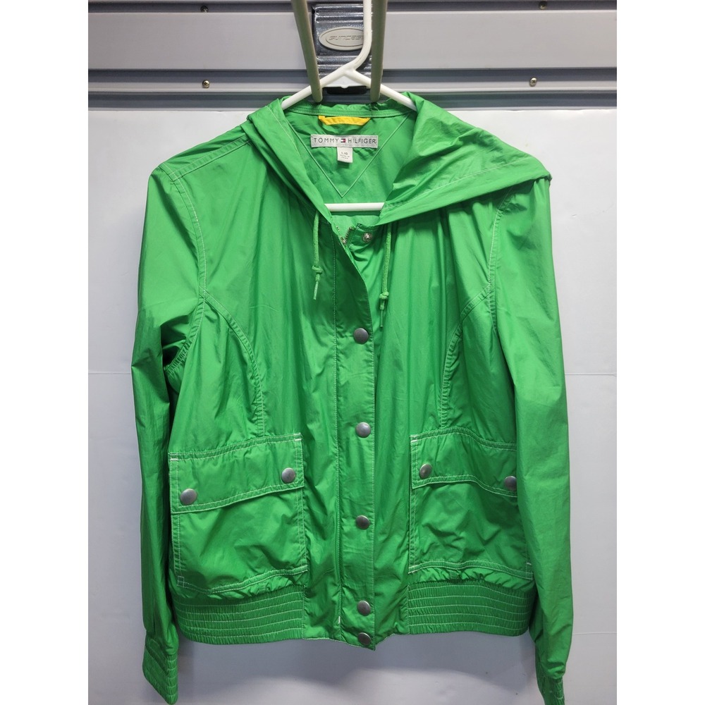 Vtg Tommy Hilfiger Green Hooded Windbreaker Jacket Size L‎ Full Zip Snap Front